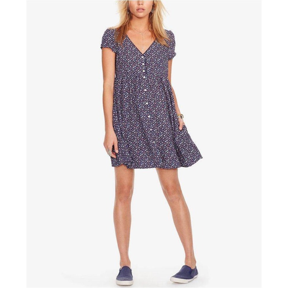 Denim & Supply Ralph Lauren Purple Leaf Print Babydoll Mini Dress Womens M Y2K